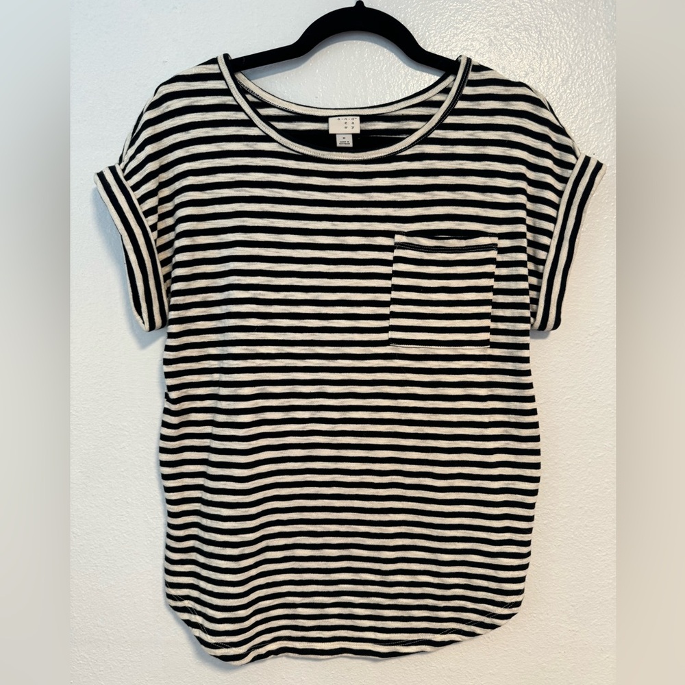 A New Day Striped Top with Pocket and Cuff Sleeves